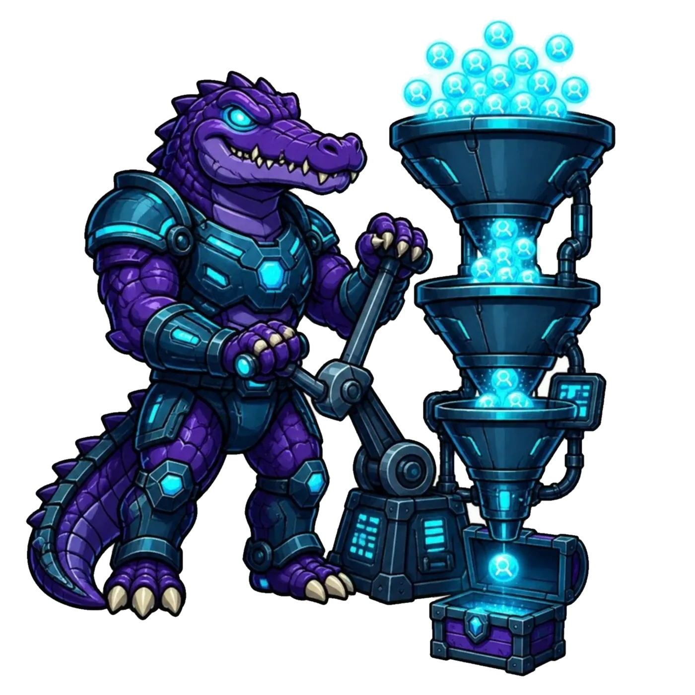 Deli the Deligatr mascot operating a funnel machine that turns many searchers into one qualified lead
