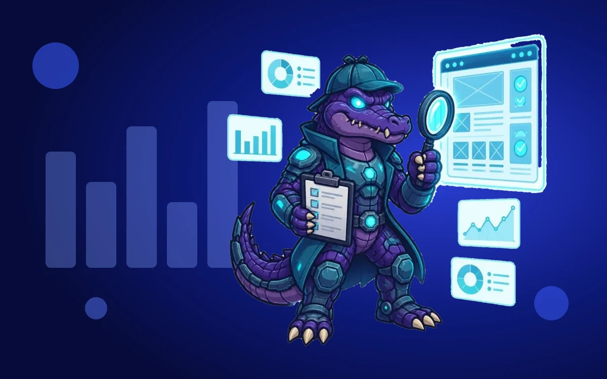 Deli the Deligatr mascot dressed as a detective reviewing SaaS AI visibility data