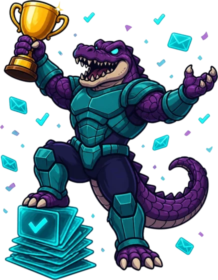 The Deligatr gator holding a trophy above a stack of approved work