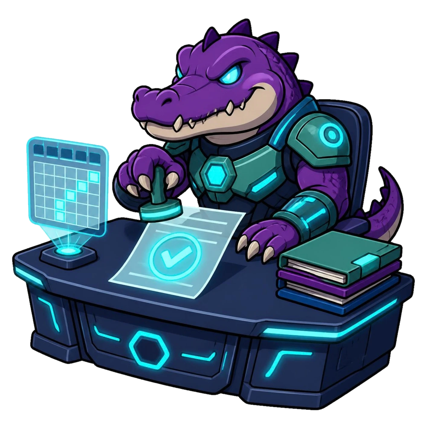 Deli the Deligatr mascot reviewing financial statements at a desk with a holographic chat bubble