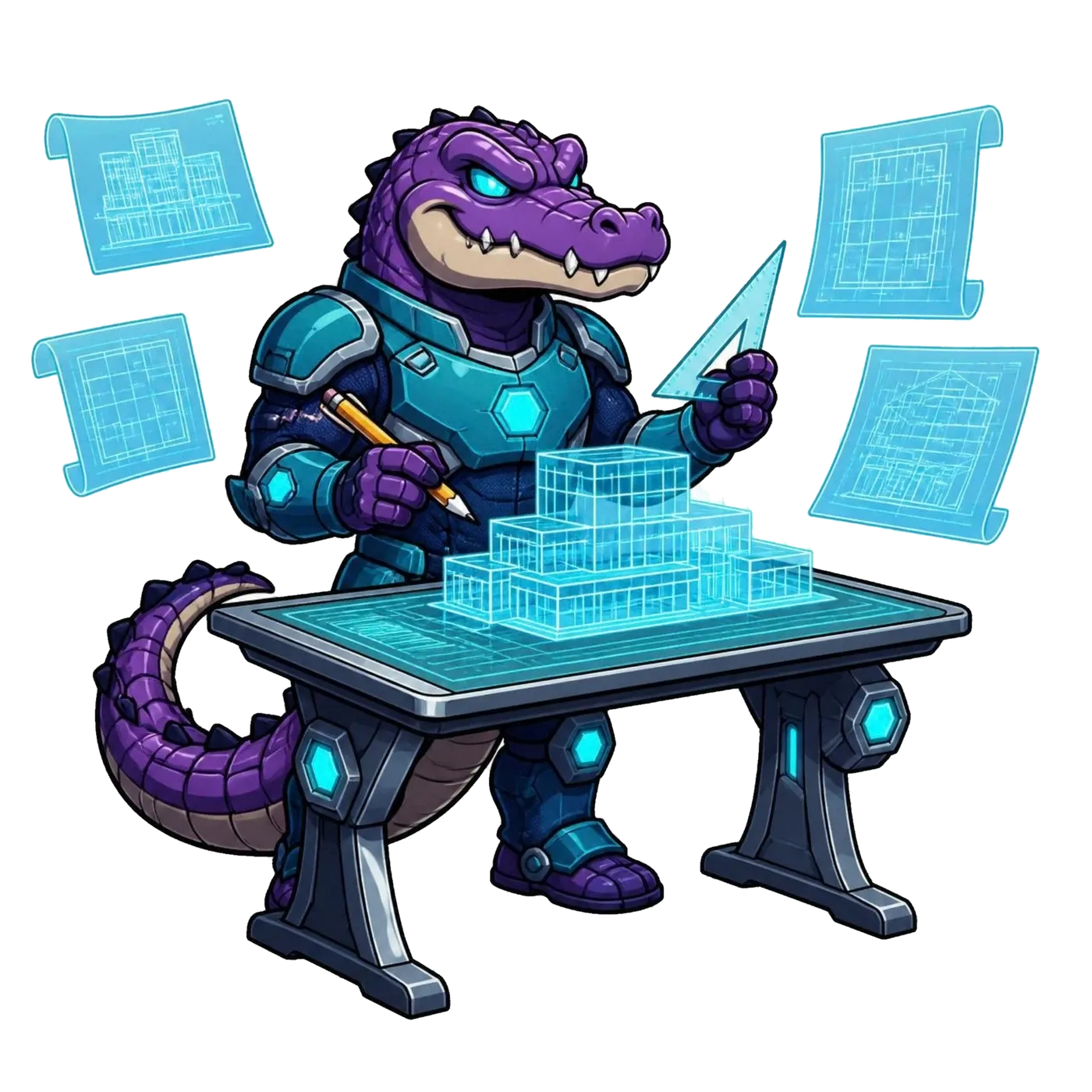 Deli the Deligatr mascot at a drafting table sketching beside a holographic building model and floating blueprints