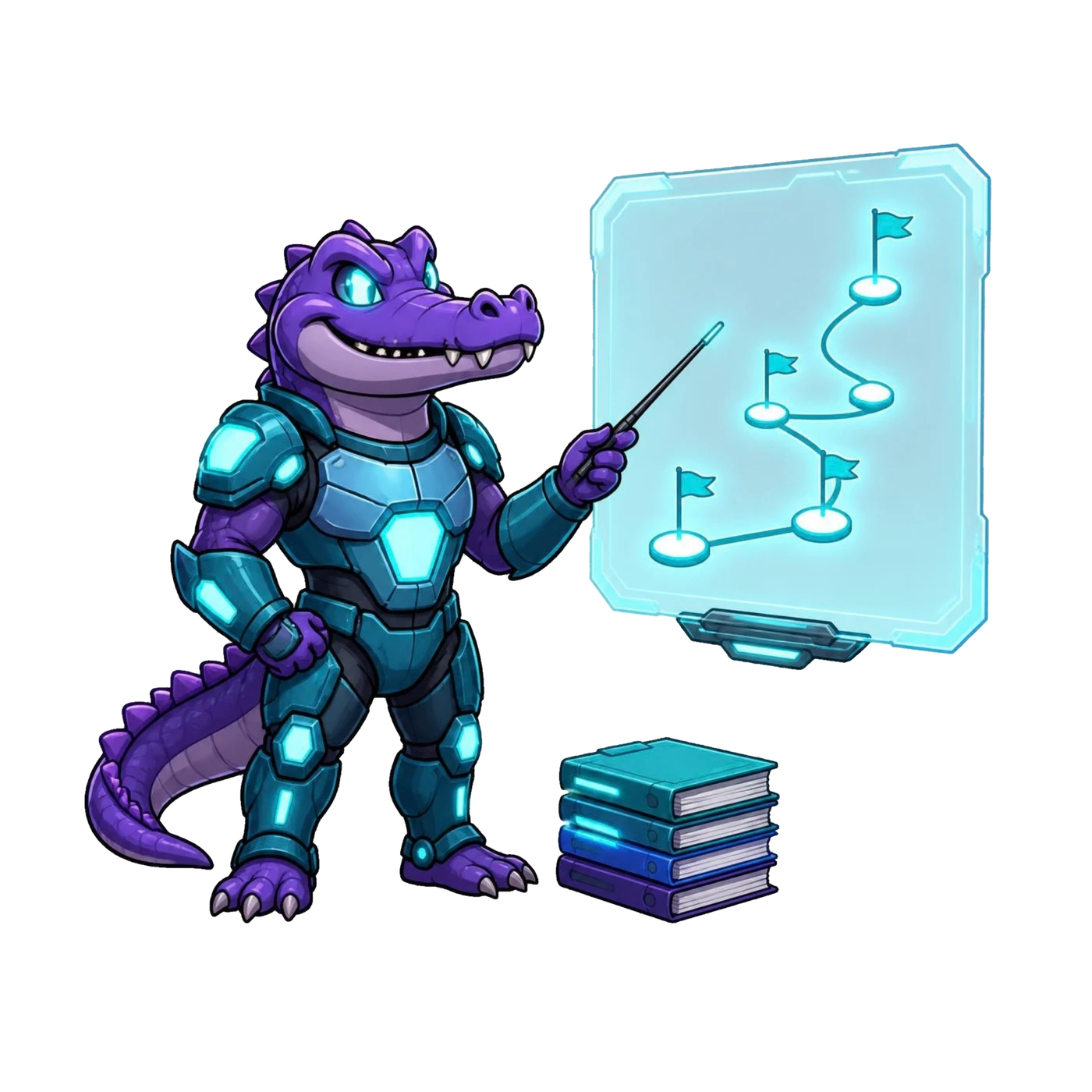 Deli the Deligatr mascot pointing at a holographic strategy map beside a stack of reports