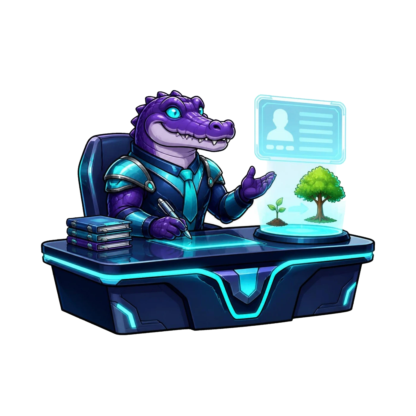 Deli the Deligatr mascot at a desk with a stack of binders, a pen and a holographic client profile above a sapling growing into a tree
