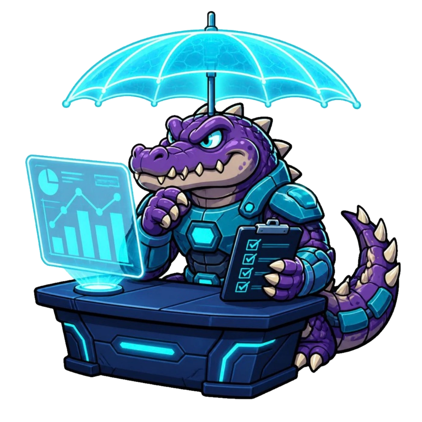Deli the Deligatr mascot reviewing policy documents at a desk with a holographic chat bubble