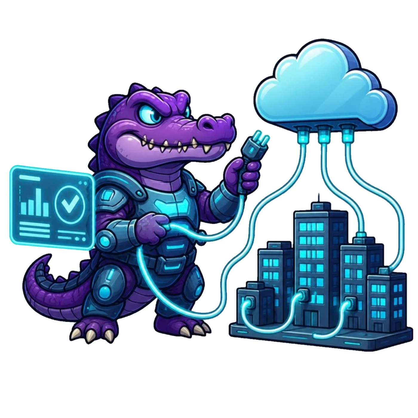 Deli the Deligatr mascot at a network operations desk with holographic dashboards and a chat bubble