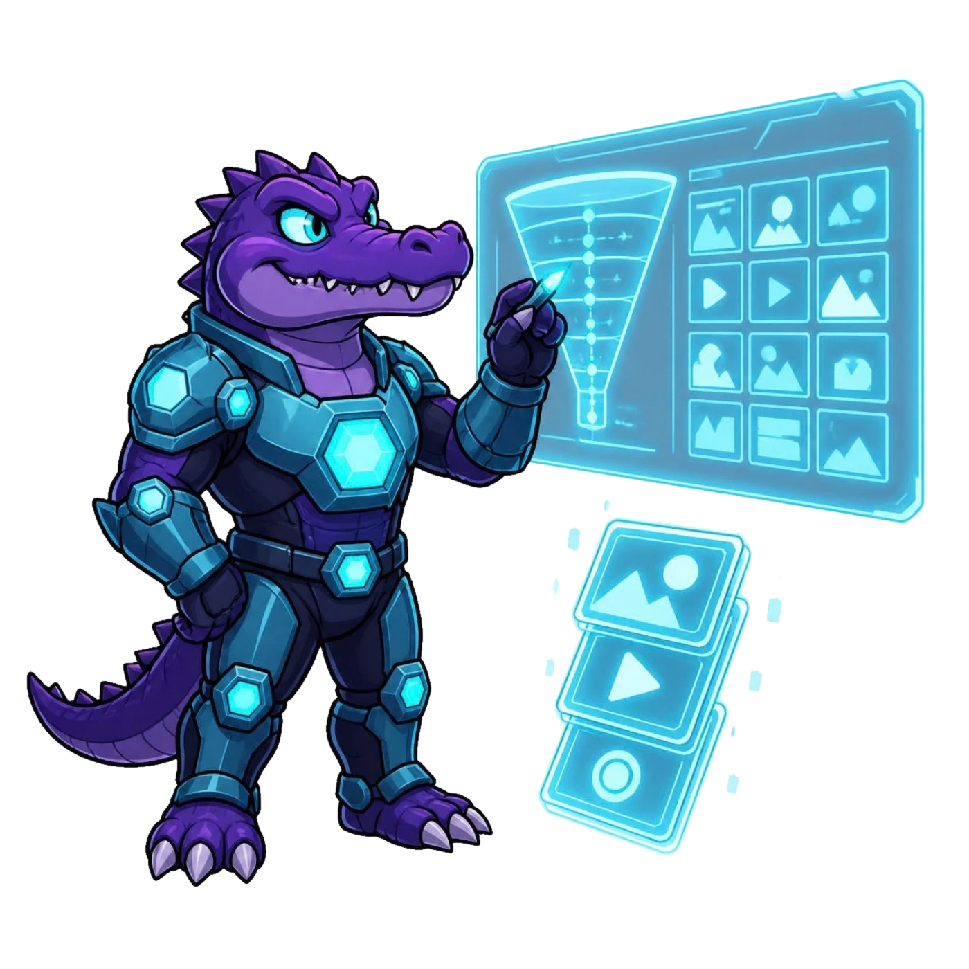 Deli the Deligatr mascot pointing at a holographic funnel beside a grid of content tiles