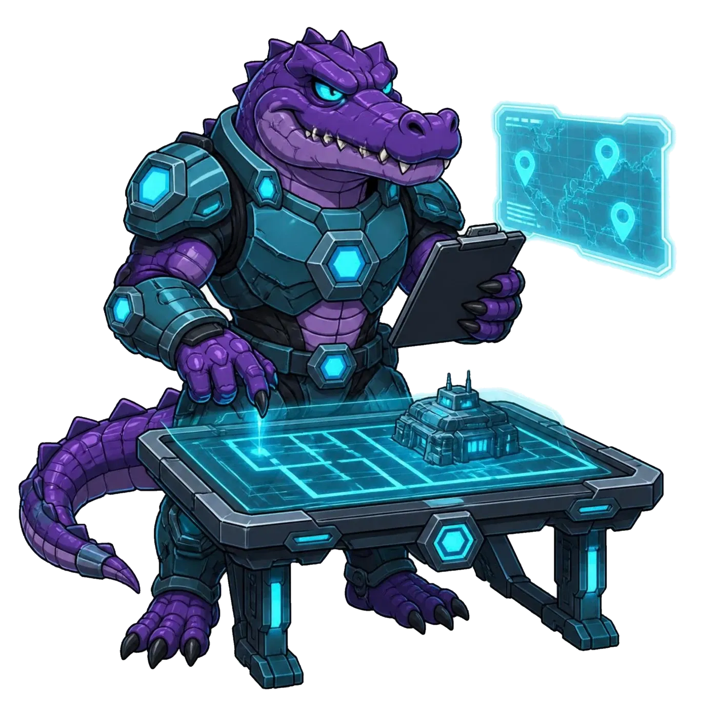 Deli the Deligatr mascot reviewing a neighbourhood market map and floor plans with a holographic chat bubble