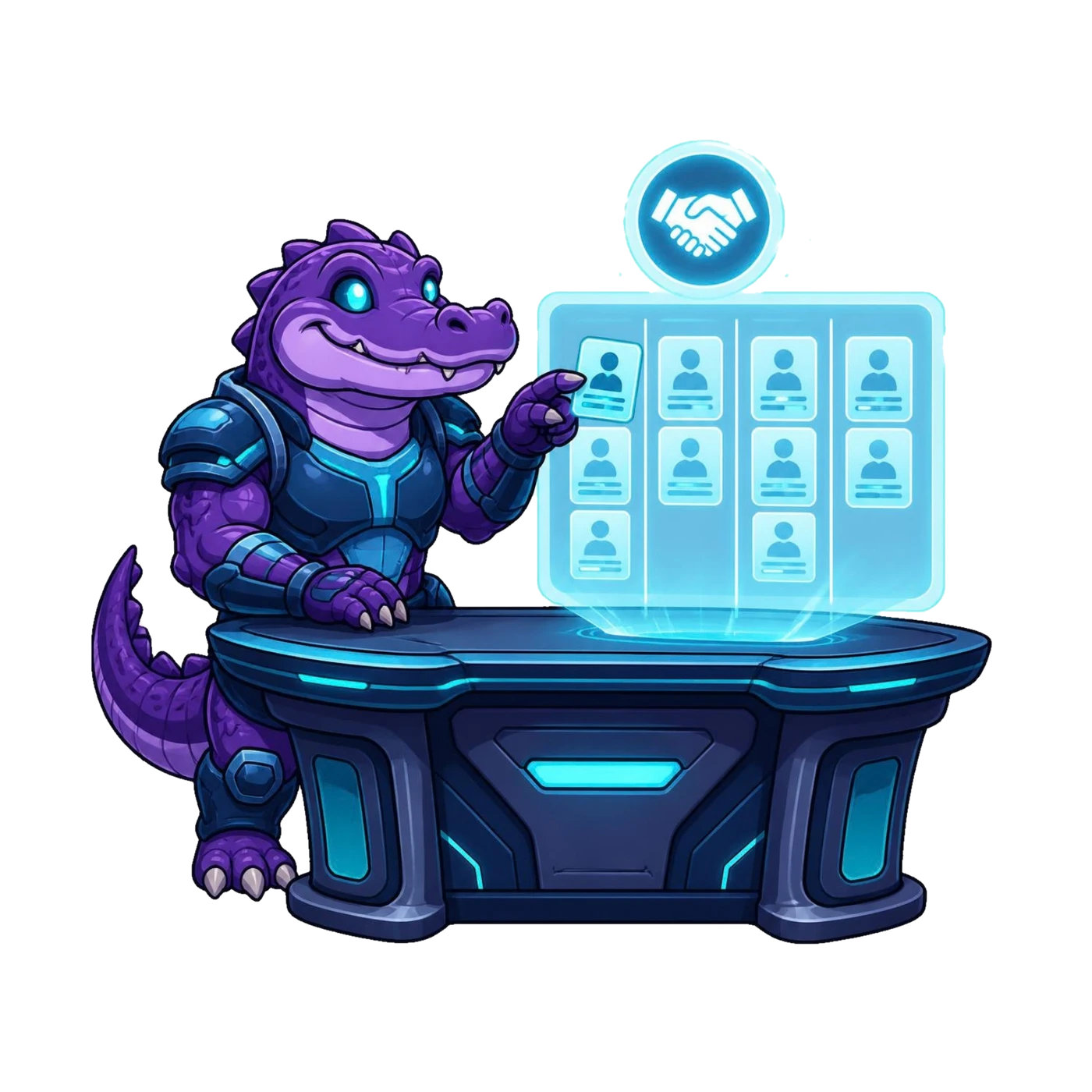 Deli the Deligatr mascot at a desk, moving a candidate card across a holographic pipeline board beneath a handshake icon